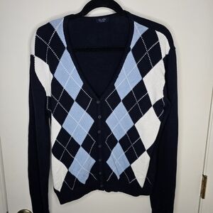 Brandy Melville Blue and White Cardigan with Argyle Design